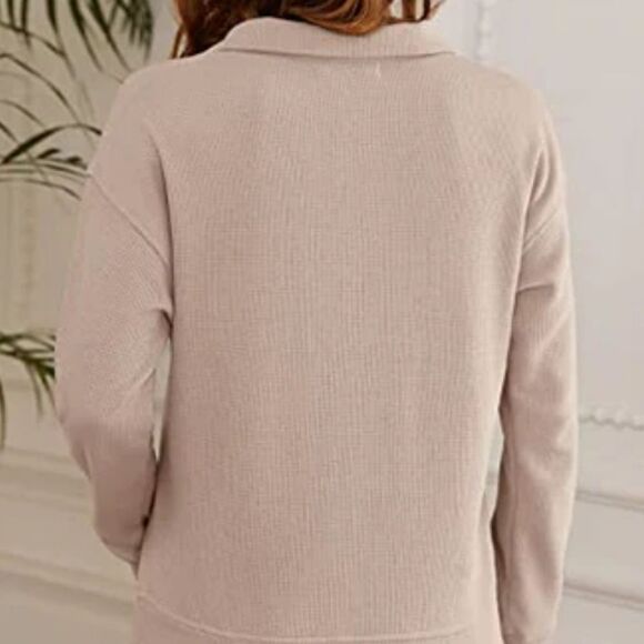 Merokeety Waffle Knit V-neck Collared Relaxed Fit Cropped Sweatshirt, L - Picture 5 of 10